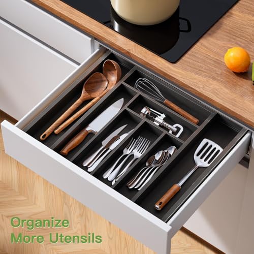 Black Expandable Bamboo Drawer Organizer for Utensils - Large