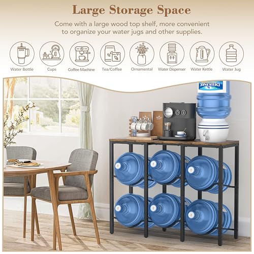VINAEMO 5 Gallon Water Jug Holder with Large Top Shelf & 6 Slots - Heavy-Duty Water Bottle Storage Rack for Home & Office