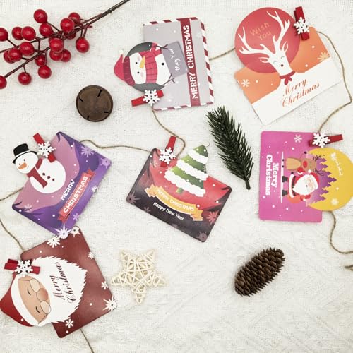 50pcs Mini Clothes Pins for Photo Christmas Tree Decoration White Wooden Heart Star Small Clothespins Picture Hanger Display Clips with String (Red Snow, 50 Pcs)