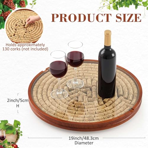 Wine Cork Holder Lazy Susan with Glass Cover – 130 Cork Capacity, Wooden