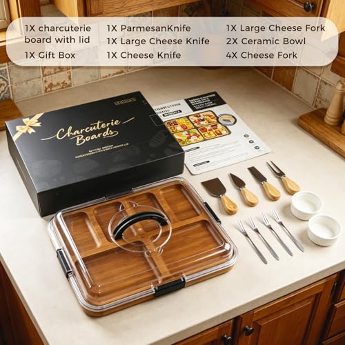 Renmxj Charcuterie Board with Lid, Carbonized Bamboo, Knives Set and