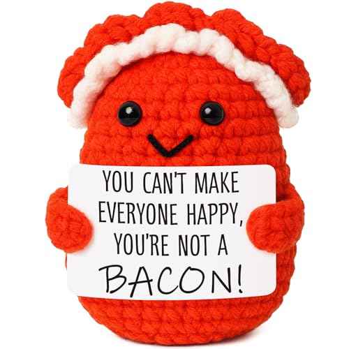 Mini Motivational Bacon Handmade Crochet Bacon for Women White Elephant Christmas Encouragement Gift for Friends Coworkers Small Birthday Back to School Gifts Cute Motivation Unique Office Desk Decor