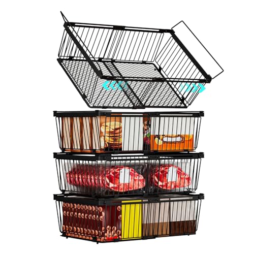 Black Freezer Organizer Bins 4 Pack for 10-20 Cu.Ft Freezers, Leak-Proof Bottom