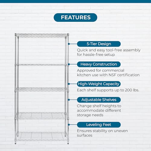 Heavy Duty Adjustable Shelving Unit - Chrome Wire Rack, 200 lbs Per Shelf, 5 Tiers, 36x14x72 in — Variation of 200 lbs Per Shelf / Chrome / 5