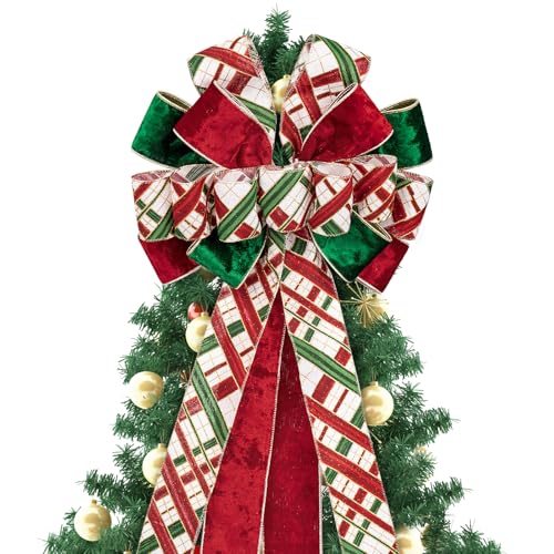 RUSPEPA Large Christmas Tree Topper Bow Plaid with Gold Trim - Red, Green, White, 13x52 inches