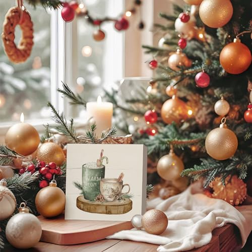 Christmas Decorations, Cute Room Decor Table Wood Box Sign, Warm and Cosy Let It Snow, Christmas Decorations Indoor, Farmhouse Rustic Wood Block Plaque for Home Desk Bedroom Decor 5x5