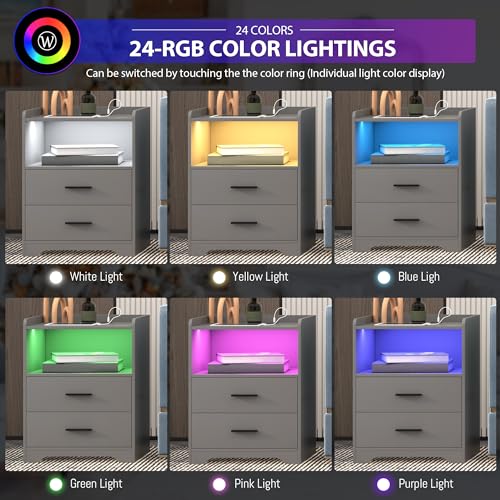 RGB Nightstand with Charging Station - Grey, 3 Layers, Smart Bedside Table