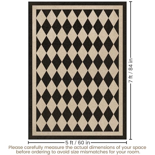 5' x 7' Checkered Jute-Style Indoor Outdoor Rug - Black, Washable, Lightweight