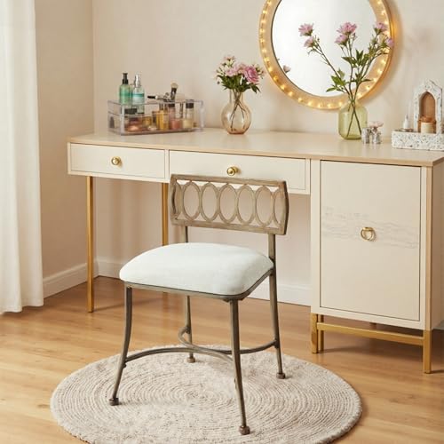 Golden Bronze Vanity Stool with Linen Seat, Low Back, Durable Iron Frame
