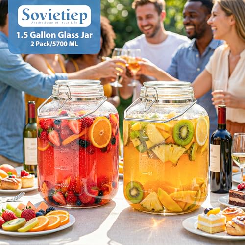 1.5 Gallon Glass Mason Jars with Airtight Lid - 2 Pack, Wide Mouth Food Storage