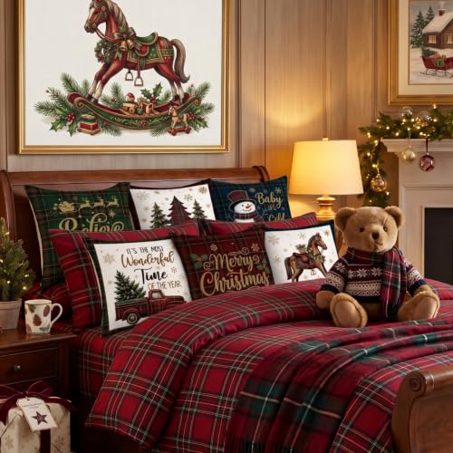 FuWeave 6 Pcs Christmas Pillow Covers 18x18 in Rustic Tartan Plaid Set with 6 Vintage Designs - includes Tree, Snowman, Truck