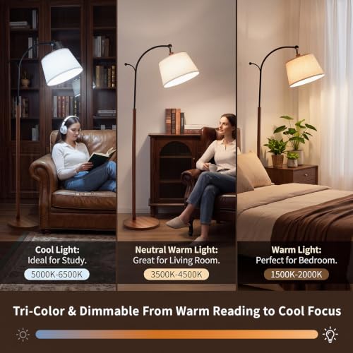 Floor Lamp, Arched Wood Linen Shade, Dimmable 3 Color Temperatures,