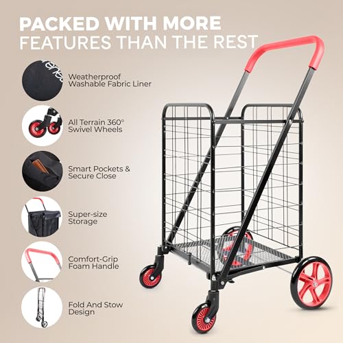 Large Folding Utility Shopping Cart with Removable Liner - Heavy Duty, Red