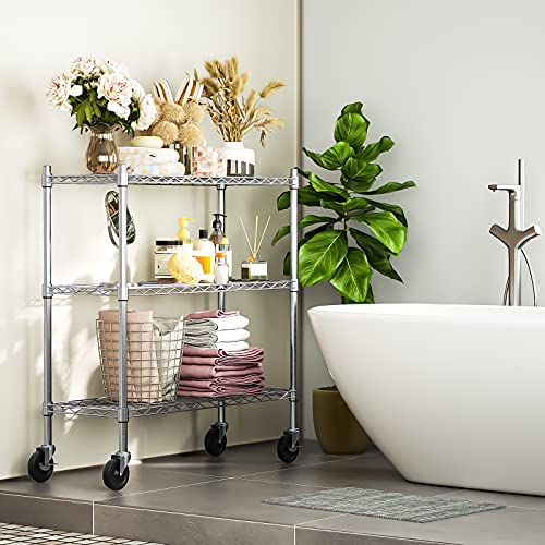 Auslar 3-Tier Heavy Duty Metal Storage Shelves with Casters - Chrome Finish