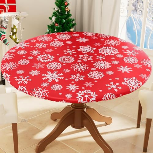 Smiry Christmas Round Fitted Tablecloth 42-50 Inch with Elastic Windproof Edge - Xmas Red & White