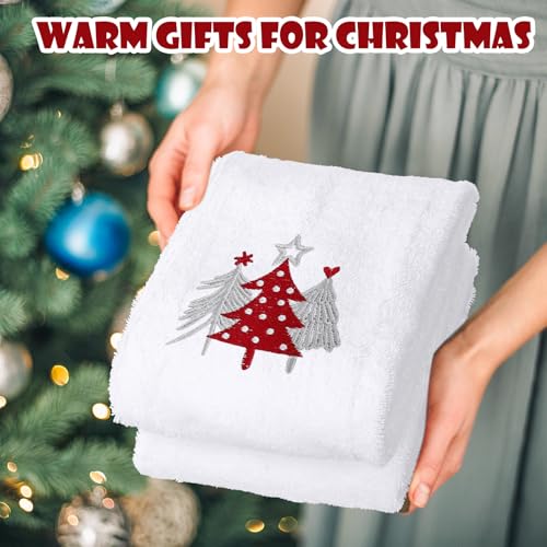 Red Christmas Bathroom Towels Set of 3 - Embroidered Cotton Holiday Hand & Face Towels