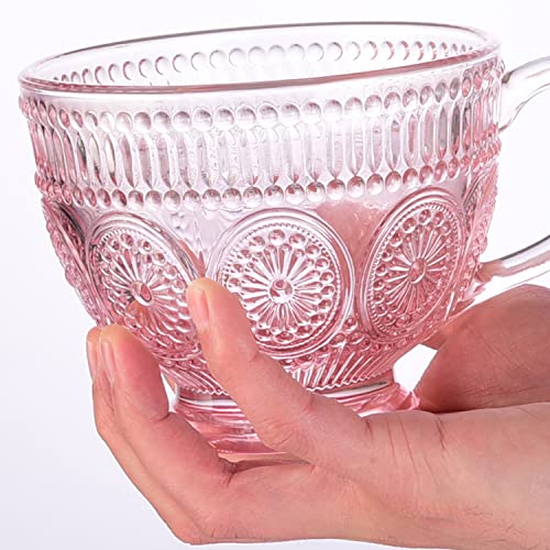 Vintage Glass Coffee Mug 14 oz Pink Embossed Handle - Set of 4
