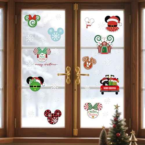 RiVolTa Christmas Mouse Window Clings - 9 Sheets Cute Merry Xmas Snowflake Sticker Decor for Glass Gingerbread Bow Decals Kids Winter Holiday Decorations Home Office Kitchen Hotel Decorative Supplies