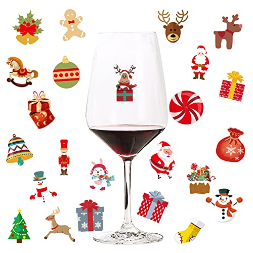Furimuk 48 Piece Christmas Wine Glass Markers - Santa, Moose, Bells, Tree Stickers for Wine Tasting & Dinner Party