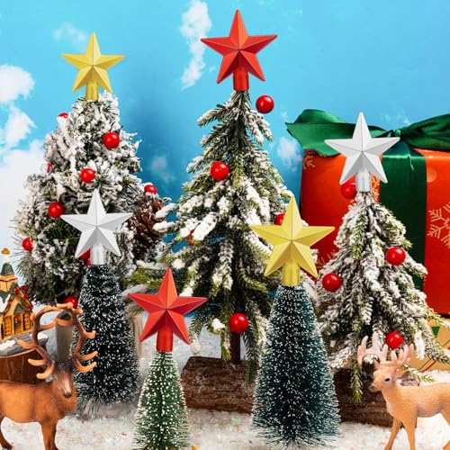 15Pcs Small Christmas Tree Topper, Mini Tree Topper Stars, 2.36 Inch Christmas Red Gold Silver Star Trees Top for Xmas Holiday Trees Ornament Home Decor