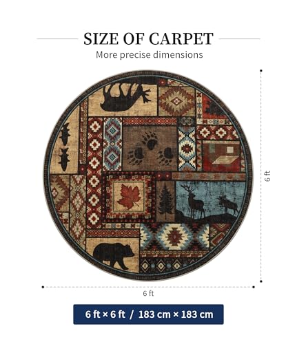 6ft Round Washable Rustic Cabin Rug - Brown Southwestern Indoor Carpet