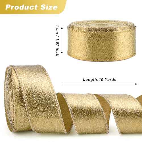 Gold Ribbon for Christmas Tree Glitter Gold Ribbon Garland Golden Christmas Ribbons Wired 1 1/2 Inch 10 Yards Thick Wired Golden Ribbons for Tree Gift Wrapping Party Decorations