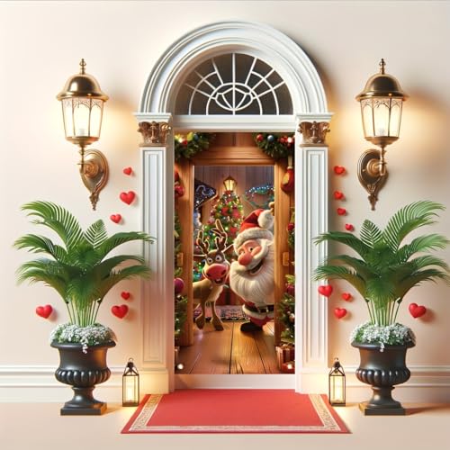 TOMHONG Christmas Door Cover Santa and Reindeer 71x35 Inch Front Door Decor for Holiday Party