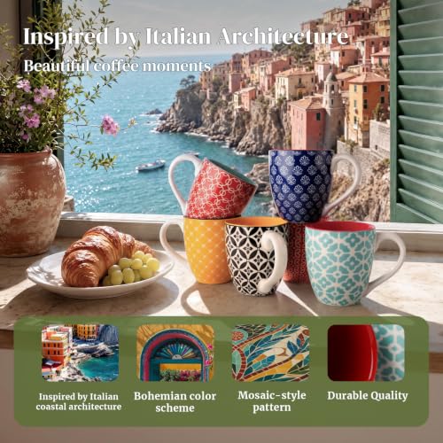 Vibrant Color 16 oz Boho-Mosaic Coffee Mug Set of 6 Large Ceramic Drinkware