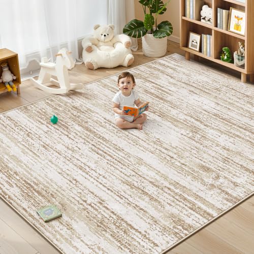 Brown 8x10 Non-Slip Washable Area Rug for Living Room & Bedroom - Soft & Stain-Resistant