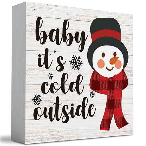 Baby It's Cold Outside Snowman Merry Christmas Tree Wood Box Sign, Farmhouse Christmas Santa Artwork Decor, Wood Square Sign Desk Block Signs Home Shelf Office Decoration 5 x 5 Inches
