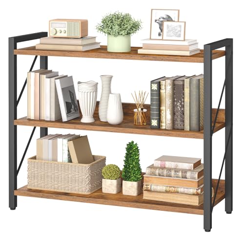 3-Tier Industrial Bookshelf with Metal Frame - Rustic Brown & Black, 32.3L x 11W x 28.5H, Home & Office Storage Organizer