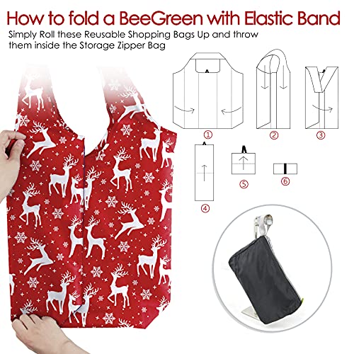 BeeGreen Christmas Deer Santa Reusable Grocery Bags 10 Pack with Zipper Pouch