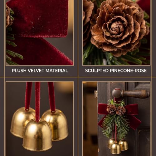 4 Pack Christmas Bow Ornaments with Jingle Bells, Pine Cone Hanging