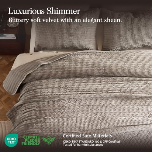 Velvet California King Quilt Set - Oversized Brown Taupe Striped Bedspread with Pillow Shams
