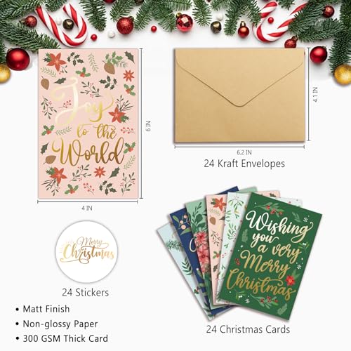 Spercy 24 Pack Gold Foil Christmas Greeting Cards with Envelopes & Stickers, Holiday Season Bulk Set, 6 Designs
