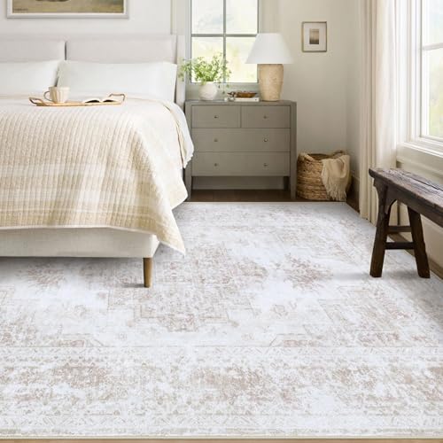 6x9 Beige Vintage Distressed Area Rug - Machine Washable Non-Slip Living Room Carpet