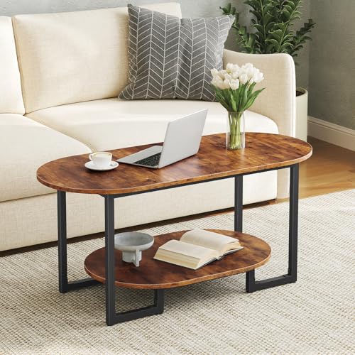HOOBRO Rustic Brown Oval Coffee Table with 2-Tier Storage - Small Living Room Centerpiece