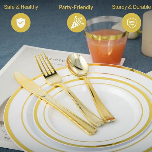 Disposable Plastic Dinner Plates - White & Gold, 10-Inch, Heavy Duty, 600PCS - Gold Variation