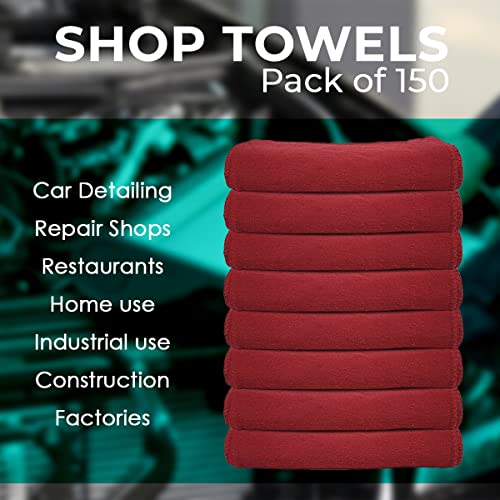 Red Cotton Shop Towels 14x12 Inches Pack of 150 - Absorbent Multi-Purpose Cleaning Rags