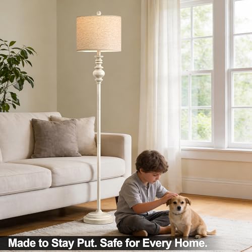 Farmhouse Floor Lamp 64.25-Inch Tall Antique White Standing Light for Living Room & Bedroom - Rustic Corner Lamp with Rotary Switch