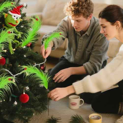 12 Pcs Christmas Tree Topper, 17 Inch Grinchmas Christmas Decorations Red Green Elf Tree Ornaments for Christmas Picks Furry Cute Funny Xmas Decor