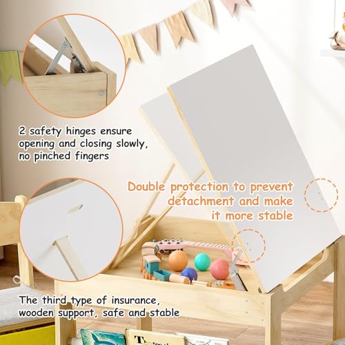 Kids Wooden Activity Table and 2 Chairs Set - Adjustable Doodle Surface, Storage, Safety Hinges, Burlywood, Red/Yellow