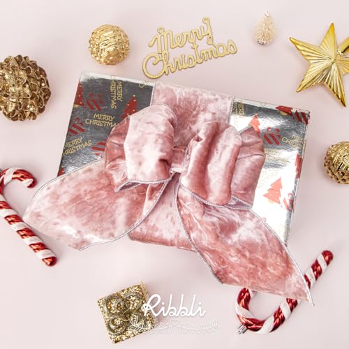 Ribbli Light Pink Velvet Wired Ribbon 4 Inch x 10 Yards - Christmas Gift Wrap & Decorations