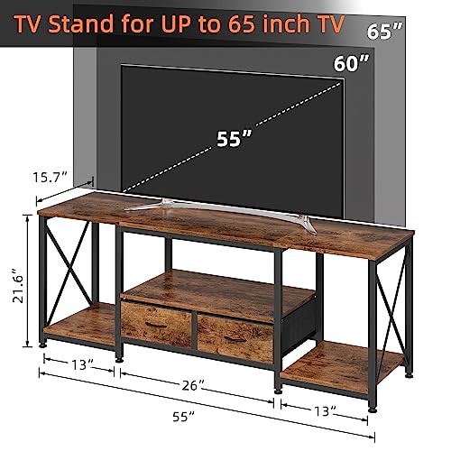 Rustic Brown TV Stand with Fabric Drawers - 55.1-inch Entertainment Console with Open Shelves