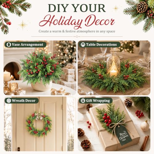 45 PCS Cedar Greenery Stems with Red Berry Picks for Christmas Decor - Artificial Holiday Plants