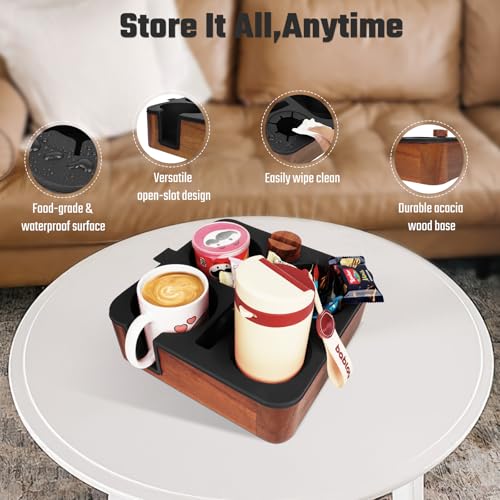 Black Couch Cup Holder Tray with Acacia Wood & Silicone - Snack & Drink Organizer for Sofa - Variation of THIS listing
