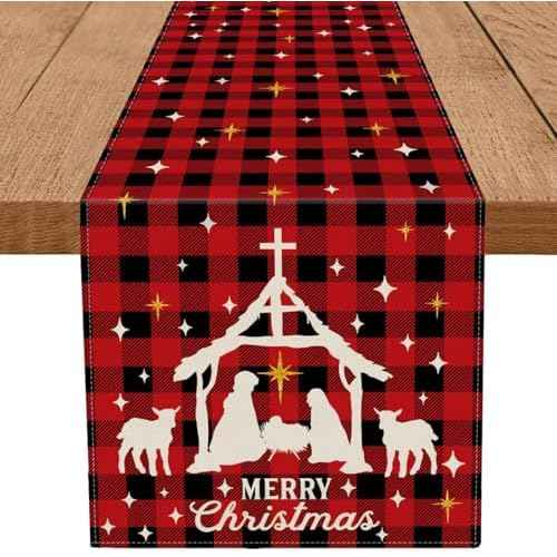 Jesus Christmas Decorations Table Runner Buffalo Plaid Holy Night Nativity Christ Seasonal Winter Merry Christmas Xmas Kitchen Dining Table Home Decor 13x72 Inch