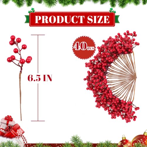 40 pcs Artificial Red Berry Stems for Christmas Decorations, 6.5 Inch Holiday Floral Picks