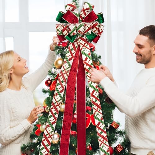 RUSPEPA Large Christmas Tree Topper Bow Plaid with Gold Trim - Red, Green, White, 13x52 inches