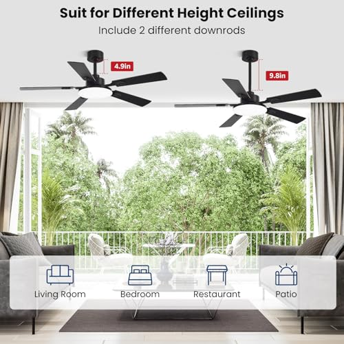 52-Inch Ceiling Fan with Lights Remote Control Black/Wood Grain - Reversible, Dimmable, Quiet DC Motor